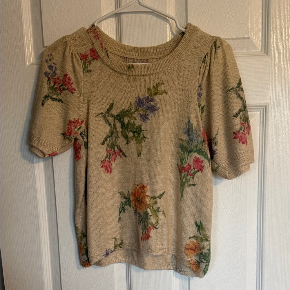 Anthropologie Floral Knit Short Sleeve Sweater